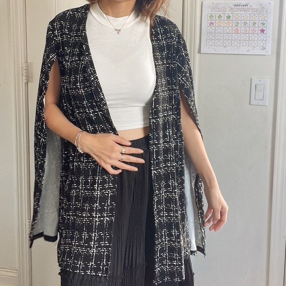 Classic Abstract Plaid Print Open Front Cape Blazer Jacket - Picture 8 of 11